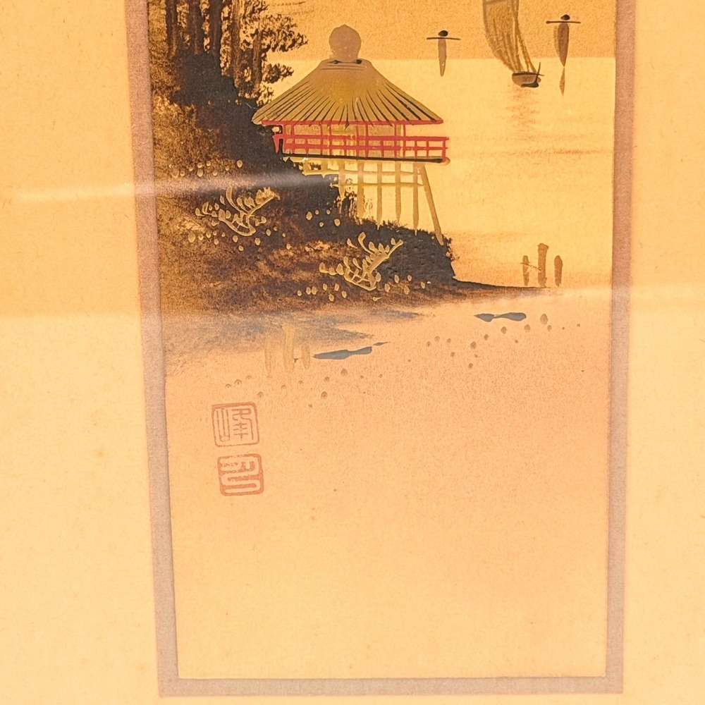 Vintage Japanese Landscape Art Framed Mount Fuji 1922 Brown Gold Fair 15x8 - Picture 3 of 14